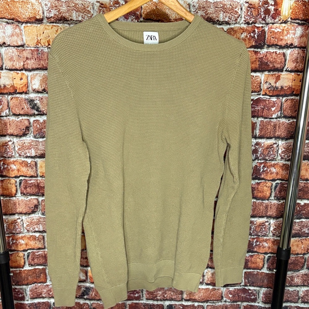Zara Men's olive Green Khaki Crewneck Sweater medium cotton